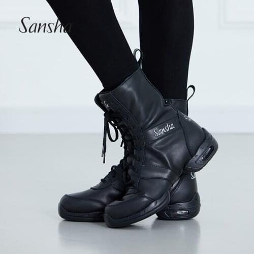 Sansha Durable Sports Ankle Boots Black Cow Leather Air Cushion PU Soft Sole Square Jazz Modern Dance Sneakers Shoes P99LCO
