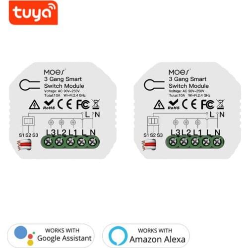 Tuya WiFi Smart Light Switch Module 3 Gang 1/2 Way Mini Smart Switch Module Smart Life App Control Works With Alexa Google Home