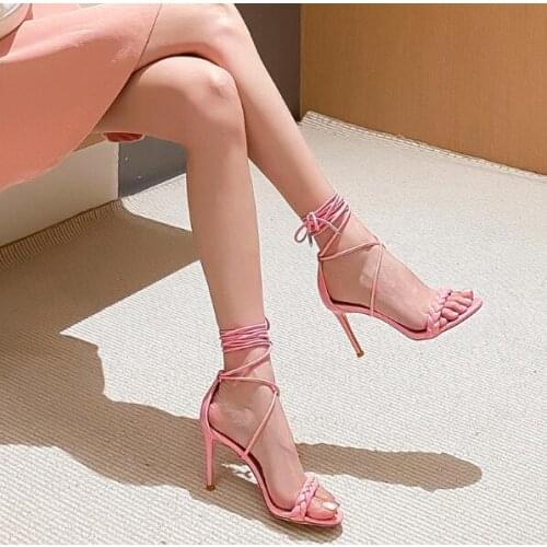 Dipsloot Summer Ladys Pink Black White Yellow Red Braid Lace Up Sandals Woman One Line Buckle Thin Heels Party Dress Shoes