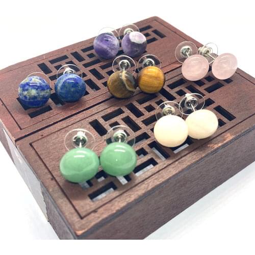 Ladies Natural Stone Round Earrings Lapis Lazuli Tiger Eye Crystal Simple Earrings Gifts Fashion DIY Jewelry Accessories 2pcs