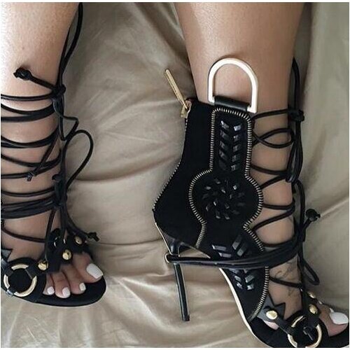 New Summer Designer Black Patchwork Lace-up Cross Strappy Stiletto Heel Metal Ring Buckle Bootie High Heel Dress shoes woman Fre