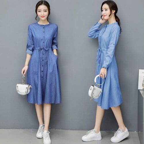 Spring and Autumn Women Waist Denim Dresses Female Sky Blue Slim Single-Breasted Long-Sleeved Round Neck Casual Jeans Dress