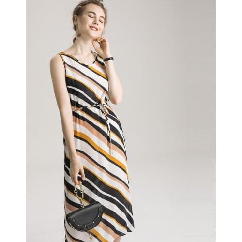 Summer Women Natural Silk Striped Sashes 100% Mulberry Silk Tank Dress L XL FREE SHIPPING