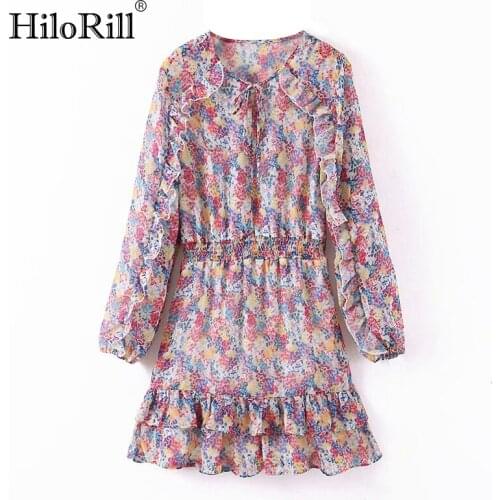 HiloRill Chic A Line Chiffon Mini Dress Women Floral Print Vintage Ruffles Party Dress Lantern Long Sleeve Casual Sundress