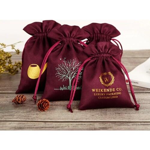 100 Jewelry Packaging Chic Velvet Drawstring Pouches Wedding Wine Red Flannel Fungus Gift Bags can Personal Customized Logo