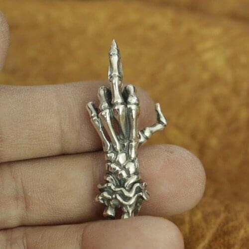 925 Sterling Silver Middle Finger Skull Hand Pendant Mens Biker Pendant TA184
