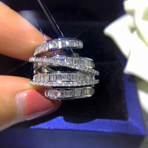 925 silver Luxury atmosphere ring geometric lines full of zircon ring female cocktail party high-end accessories wholesale