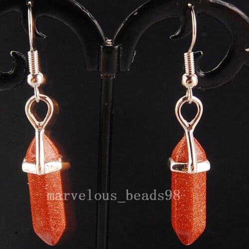 Free shipping Fashion Jewelry Goldstone Hexagonal Pointed Reiki Chakra Bead Dangle Earring MC4159