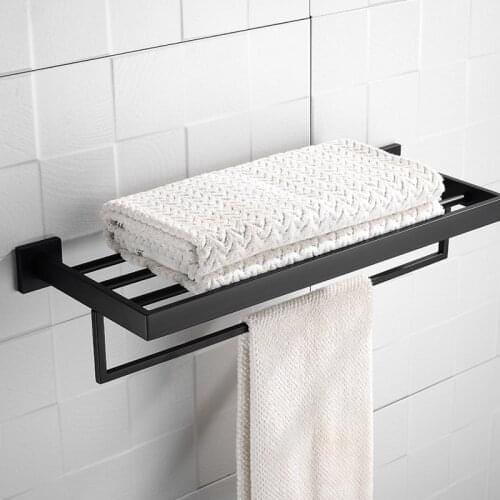 Black Wall Mounted Bathroom Towel Rack Fixed Bath Towel Holder Stainless Steel Double Layer Bathroom Towel Storage Hanger Shelf