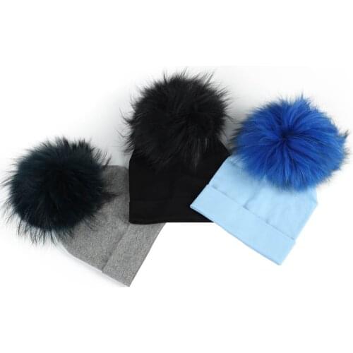 Newborn Baby Boys Kids Soft Warm Plain Cotton Skullies Beanies Hat Baby Cotton Beanies Hats with Real Fur Pompom for Girls