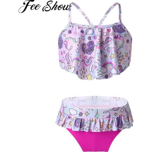 Kids Girls Bikini Suit Swimwear Spaghetti Straps Criss Cross at Rear Ruffle Hem Tops with Bottom Set Summer Beach Bathing Suits