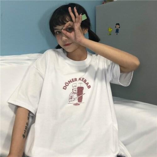 T-shirt Women Short Sleeve Retro Loose Casual Harajuku Simple Womens O-Neck Printed Korean Style All-match Daily Summer Cute Top