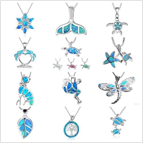 Fashion Animal Style Solid Blue Fire Opal Pendant Necklace For Women SnowflakeTurtle Shape Charm Pendant With Chain