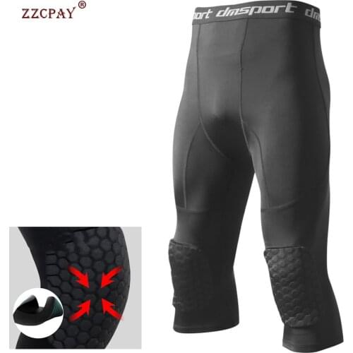 Mens Safety Anti-Collision Pants Basketball Training 3/4 Tights Leggings With Knee Pads Protector Sports Compression Trousers