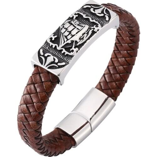 New Punk Man Jewelry Accessories Brown Leather Braided Bracelet Men S.Steel Magnetic Clasp Vintage Leather Rock Bracelet SP0165