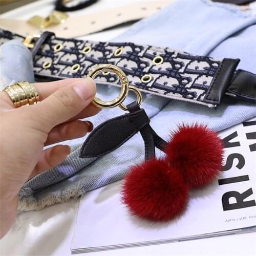 Real Mink fur Cherry keychain Fur Pom Pom Ball New Real Leather sheepskin strap Women Bag pendant ornaments plush Car Key Rings