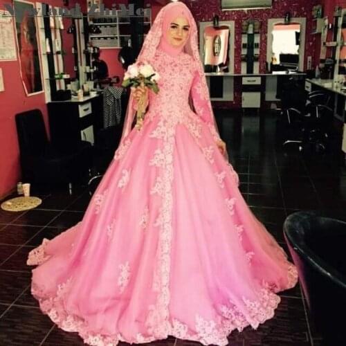 2020 Latest Muslim Wedding Dress Light Pink High neck Rhinestones Long Sleeve Tiered Skirts Tulle Bridal Gowns vestido de noiva