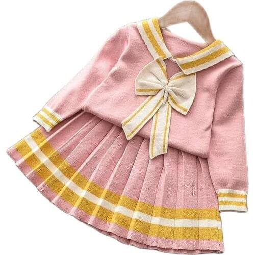 Girls Dress Outfits Cute Pink Bow Dress Long Sleeve Sweater Outerwear Clothing Set Autumn Winter Baby Girls Clothes for Kids