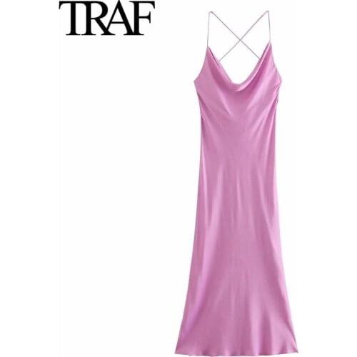 Traf Za Women Fashion Satin Pink Dresses Sexy Summer MIDI Dress Evening Suspender Long Dress Vestidos Mujer