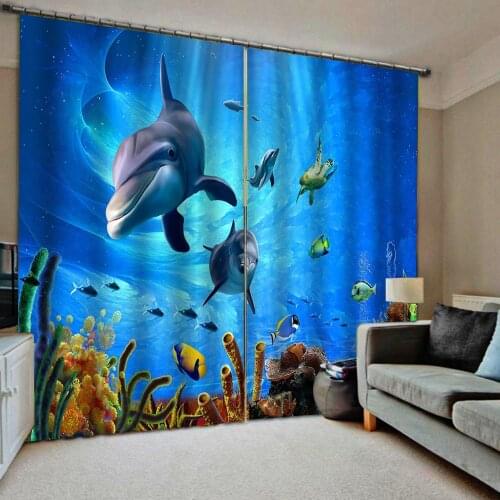 Underwater World Sea Dolphin Shower Curtains Modern thick sunshade Childrens room Indoor Curtains (left and right side)