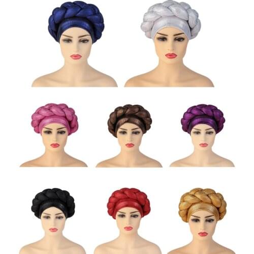 Latest Aso Oke Auto Gele Headtie Women Turban Cap with Braids Muslim Head Scarf Bonnet Ladies Head Wraps Diamonds Turbante Mujer