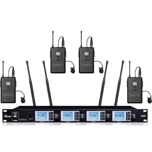 Professional wireless vocal microphone karaoke system UHF PLL 4 Channels Wireless Lavalier Lapel Microphone stage Mics