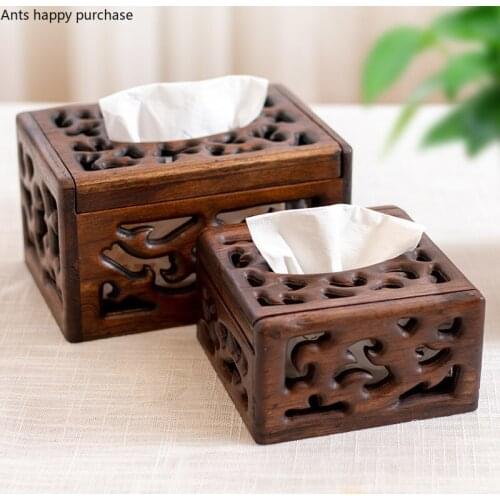 Retro Square Hollow Wooden Coffee Table Tray Living Room Bedrooom Household Solid Wood Paper Box Home Storage Tissue Boxes