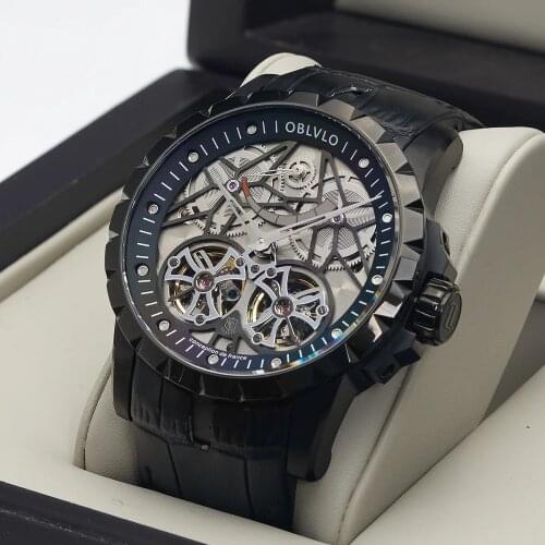 OBLVLO Top Brand Luxury Design Transparent Hollow Skeleton Mechanical Watch Double Tourbillon Rose Gold Automatic Men Watches