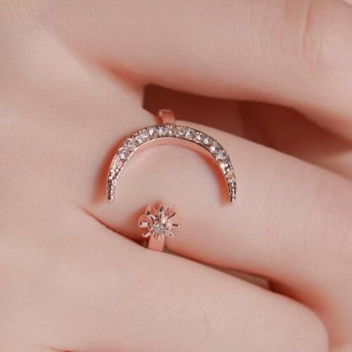 Crystal Moon Ring Silver Color Ethnic Index Finger Rings For Women Jewelry Fashion Open Resizable Star Moon Ring Jewellery M99