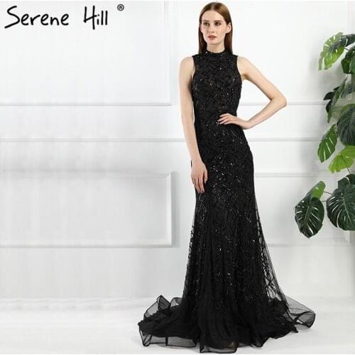 Sexy Cut Back High Neck Mermaid Evening Dresses Black Crystal Sequins Formal Dress Party Real Picture BLA6190