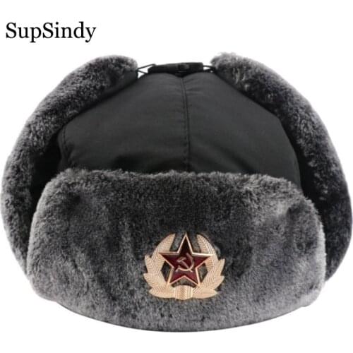 SupSindy Soviet Badge Ushanka Men&Women Bomber Hats CCCP Army Pilot Trapper trooper Hat Winter Faux Rabbit Fur Earflap Snow Caps