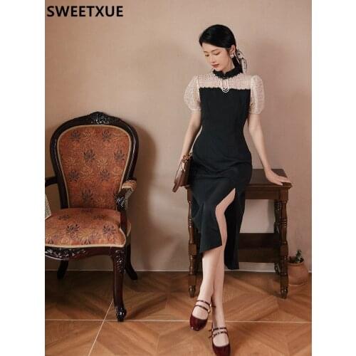 SWEETXUE Lace Mesh Stitching Retro Cheongsam Improved Dress Womens Black Slim Split Party Dress + Brooch Vestidos Robe Femme