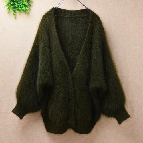 Female women winter clothing thick mink cashmere long batwing sleeves loose cardigan V-neck angora wool jacket sweater pull tops