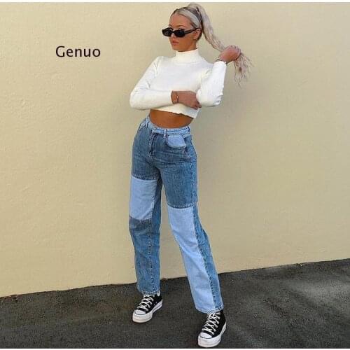 Patchwork Straight Womens Jeans Baggy Vintage High Waist Boyfriends Mom Denim Distressed Streetwear 2020 Female