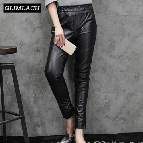 Women 100% Lambskin Real Leather Harem Pants Elastic Waist Slim Genuine Leather Trousers Female 2021 New Pencil Pants Streetwear