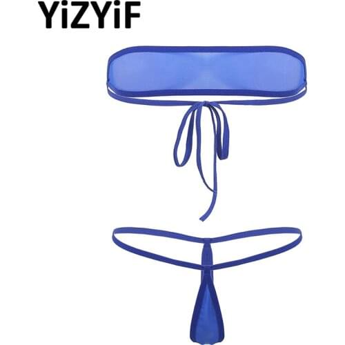 Womens Micro Mini Bikini Sets Sheer Mesh Sexy Lingerie Strapless Tie-on Tube Bra Top with Thong G-String Briefs Erotic Set