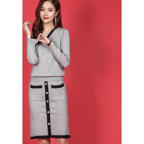 Female Knit Sweater Suits Grey Khaki Knitted Skirts Winter 2-Piece Set Spring Autumn Elegant Fashion Slim Kniting Suit Plus Size