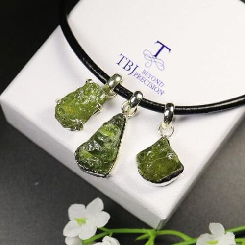 TBJ,natural peridot handmade rough pendant leather chord necklace jewelry 925 sterling silver women special birthstone gift