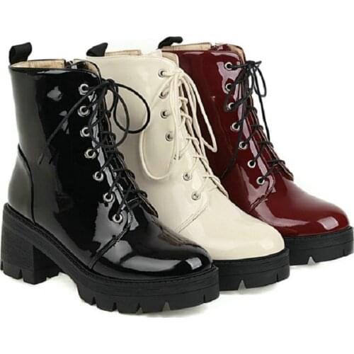 2020 winter autumn fleece warm womans boots patent PU leather black white platform chunky high heels womens martin ankle boots