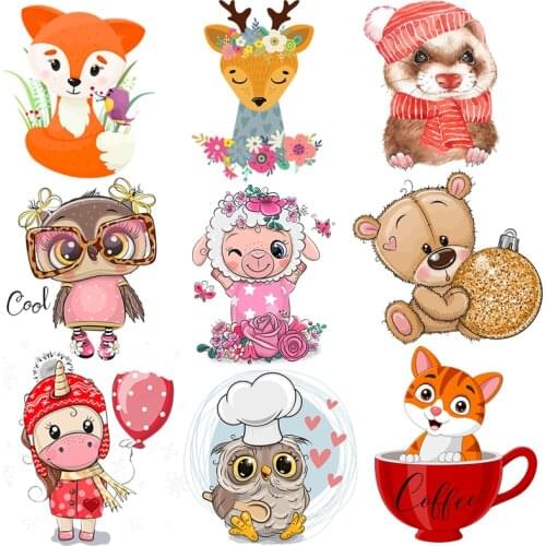 Cartoon Animal Applique Iron-On Transfers For Clothing Stickers Cute Sheep Owl Bear Thermal Heat Transfer For Kids Clothes Print