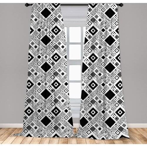 Black and White Window Curtain Geometrical Diagonal Pattern with Various Different Squares Contemporary Lightweight Decorative