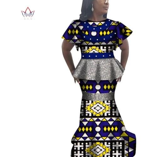 Elegant African Short Sleeve Print Tops and Skirt Sets for Women Bazin Riche Peals African Clothing 2 Pieces Skirt Set Wy7020