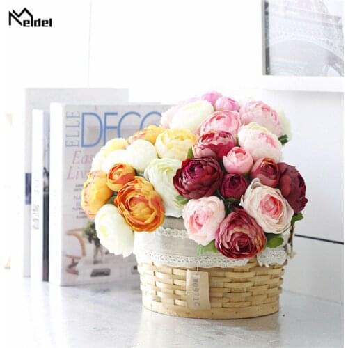 Meldel Fake Flower Artificial Silk 10 Head Rose Lotus Flower Bridesmaid Bouquet Flower Arrangement Handmade Home Wedding Bouquet