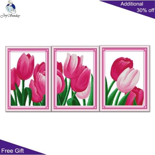 Joy Sunday Pink Tulip Embroidery Kits H021(1)(2)(3) 14CT 11CT Counted and Stamped Home Decor Pink Tulip Cross Stitch kits