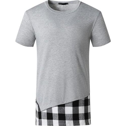 Plaid Patchwork Short Sleeve O-Neck T-Shirt Summer Casual Hip Hop Long T Shirt for Men Streetwear Harajuku Stitching Tee Tops
