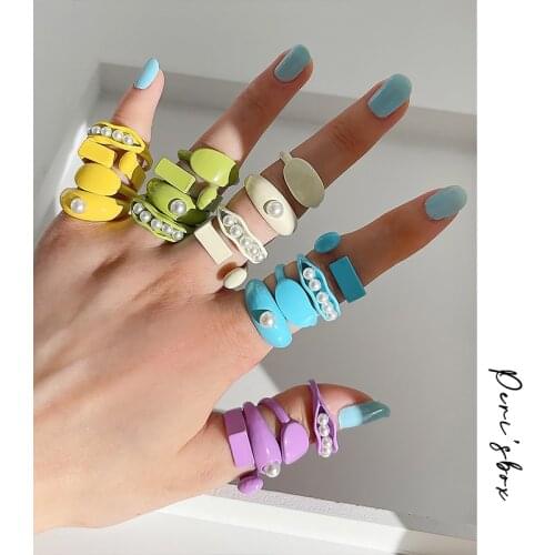 PerisBox 4pcs/Set Cute Bright Colors Stacked Ring Set Creative Handmade Pure Candy Color Painted Open Ring With Pearl