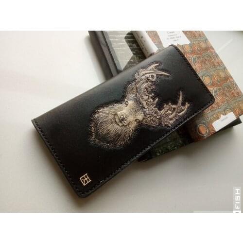 Free shipping Tanned skin graft personality tailored black pure manual long wallet purse moose pattern Original design