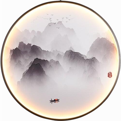 New Chinese ink Chinese Zen round mural Lamp Art Corridor staircase tea room living room background wall hanging lamp