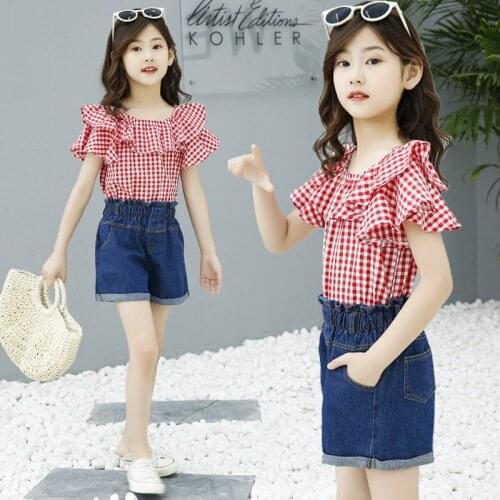 2020 Summer Girl Clothes Plaid Ruffle Tops+Denim Shorts Outfits Kids Clothing Set Children for Teen Girls 4-12 Years Sport Suits