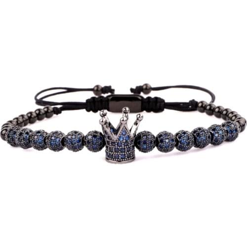 Men Bracelet Luxury Blue CZ Zircon Ball Crown Bracelet Male Jewelry Handmade Braided Macrame Bracelet Men Beads Bracelet Gift